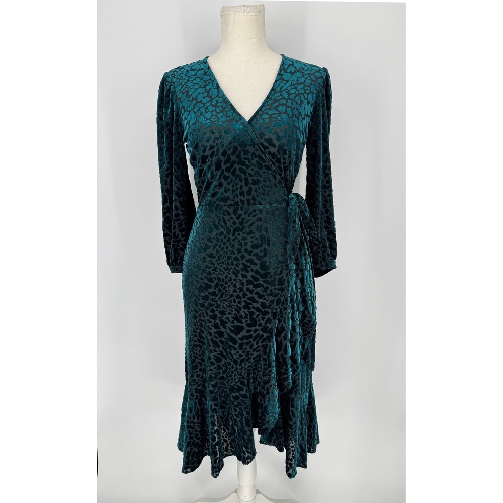Calvin Klein Burnout Velvet Leopard Wrap Midi Dress 2 Stretchy Teal Ruffle Hem